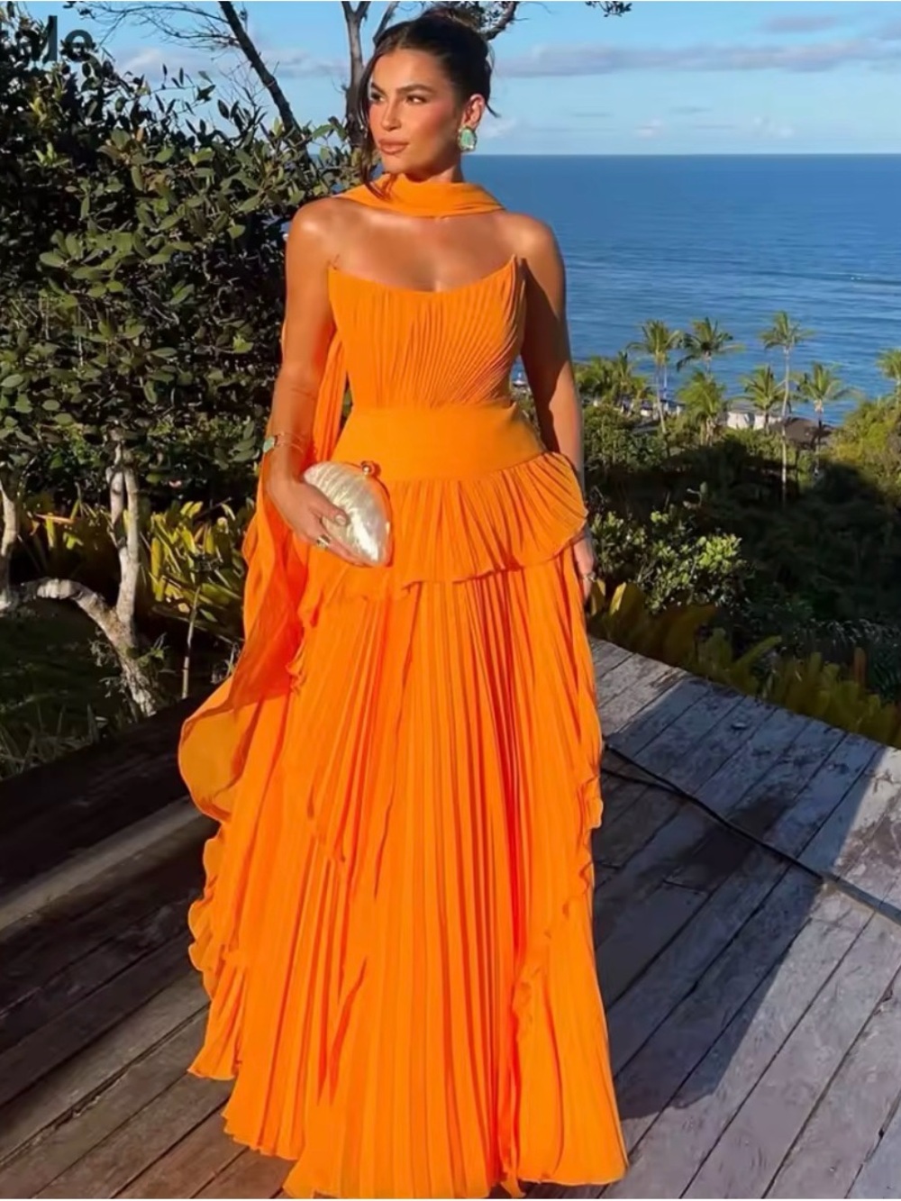 Elegant Orange Pleated Maxi Dress with Neck Scarf